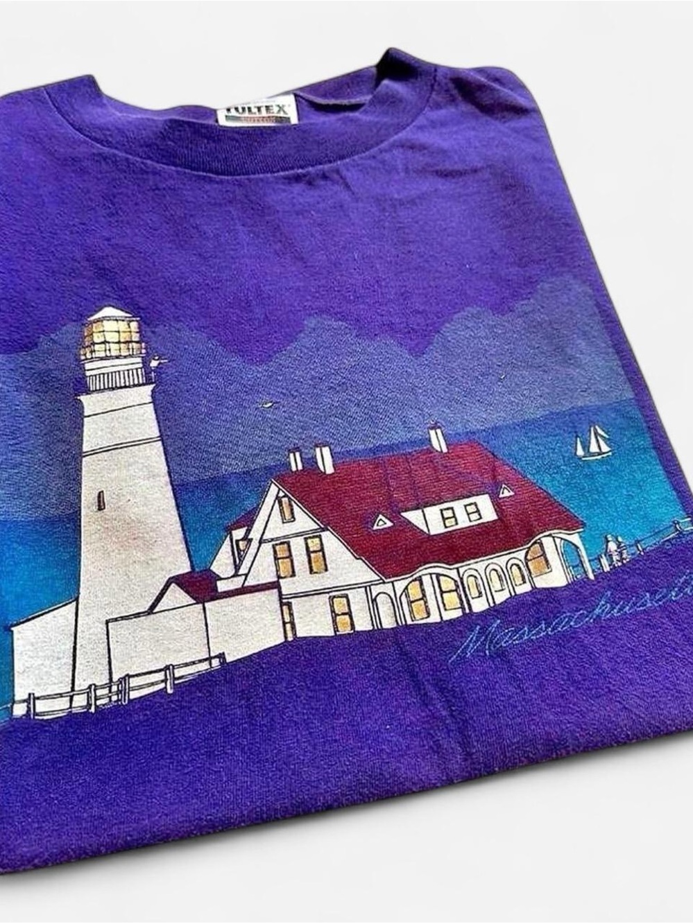 Vintage 1990s Tultex Purple Massachu Lighthouse Graphic Tee L